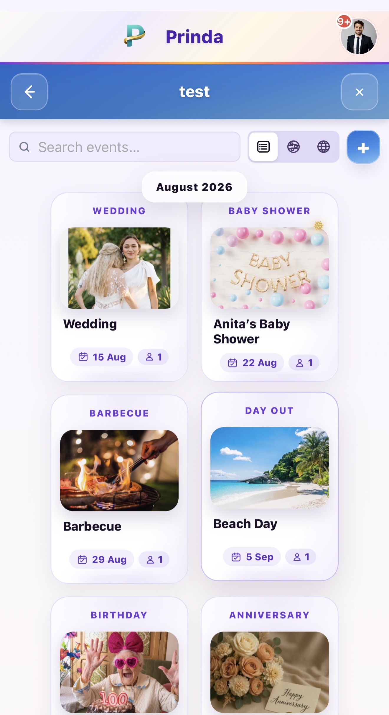 Prinda visual calendar of weddings, celebrations, barbecues and days out