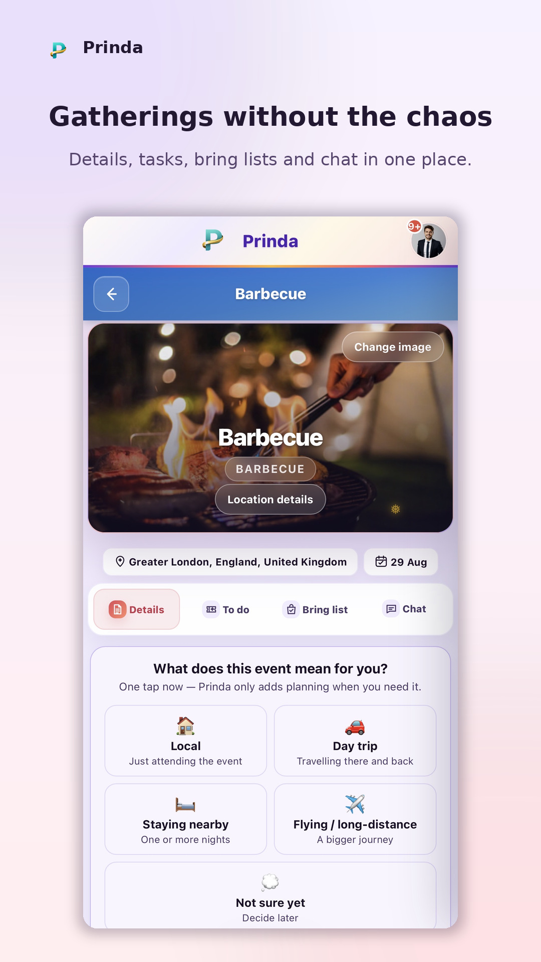 Prinda gathering workspace showing a shared barbecue plan