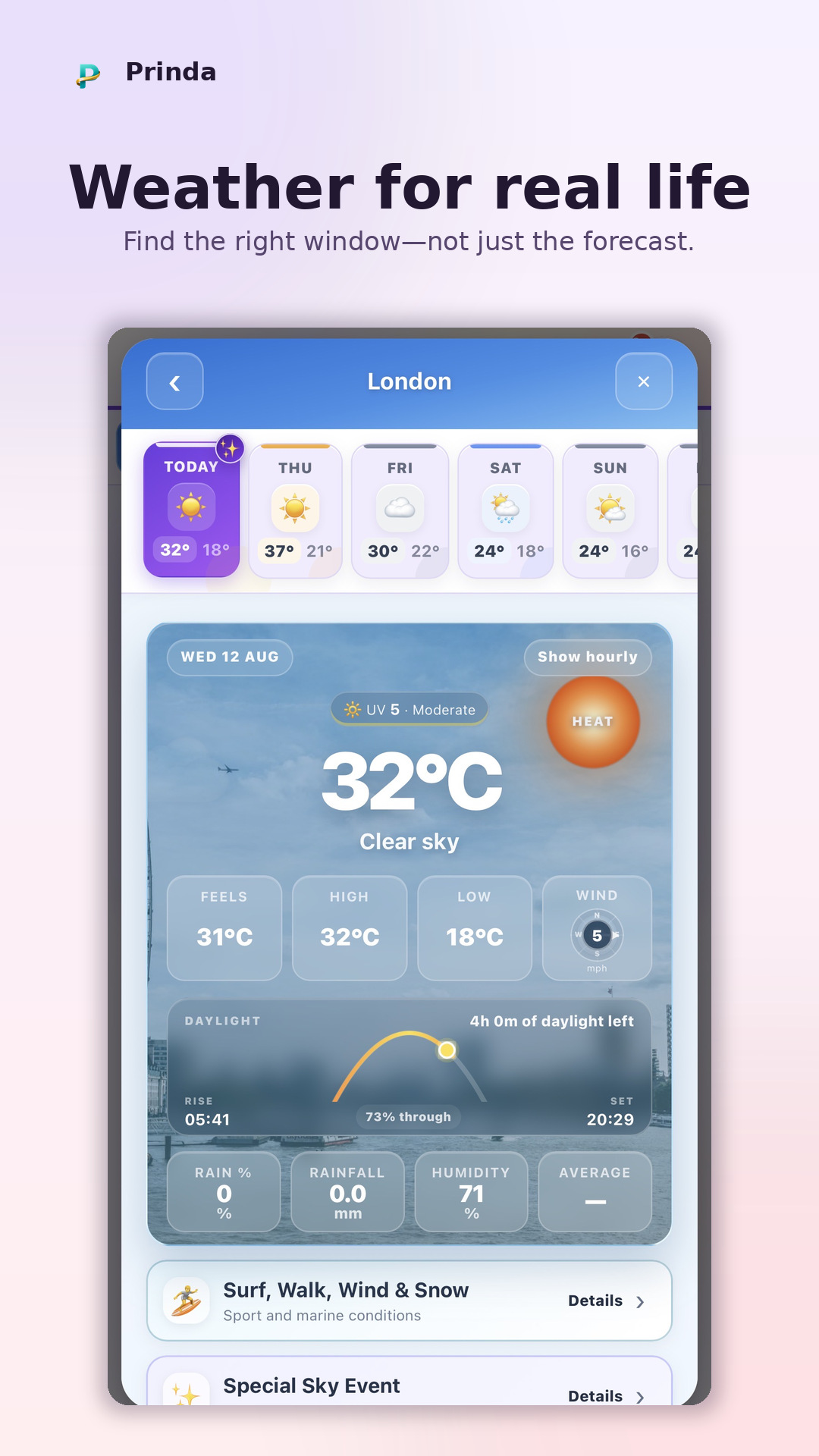 Prinda weather screen showing real-life activity guidance